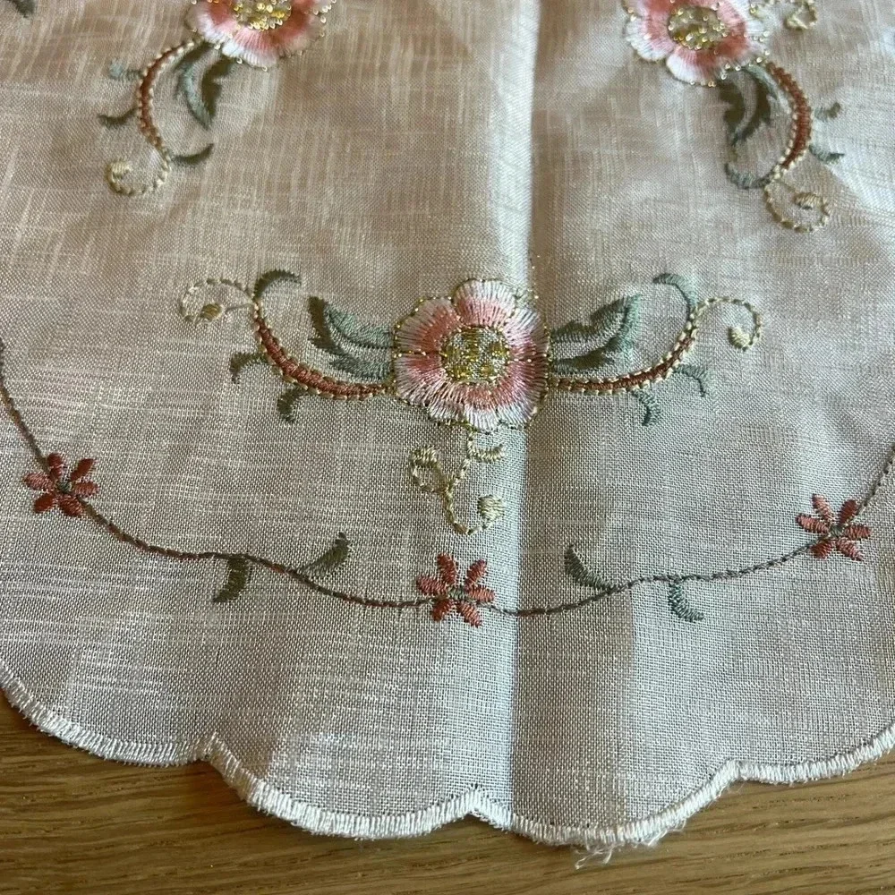 Vintage Hand-Embroidered Round Lace Doily - 11” Floral Design